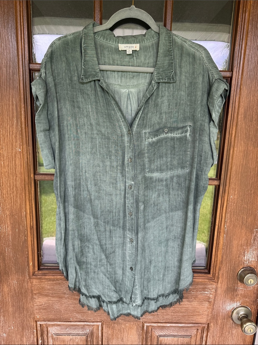 Umgee Washed Green Button-Down Tunic with Frayed Hem
